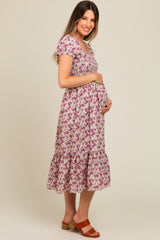 Magenta Floral Smocked Ruffle Hem Maternity Midi Dress