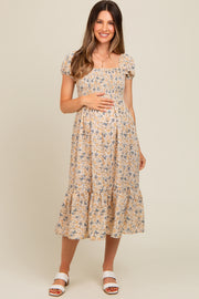 Cream Floral Smocked Ruffle Hem Maternity Midi Dress