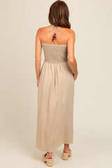 Beige Halter Crochet Top Maxi Dress