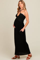 Black Halter Crochet Top Maternity Maxi Dress