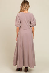 Taupe Vintage Wash Puff Sleeve Maternity Maxi Dress