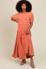 Rust Vintage Wash Puff Sleeve Maxi Dress