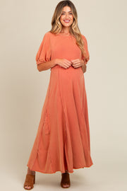 Rust Vintage Wash Puff Sleeve Maternity Maxi Dress