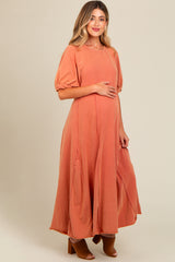 Rust Vintage Wash Puff Sleeve Maternity Maxi Dress