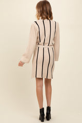 Cream Striped Sash Tie Sweater Dress