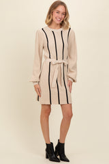 Cream Striped Sash Tie Sweater Dress