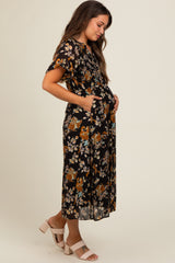 Black Smocked Floral Maternity Midi Dress