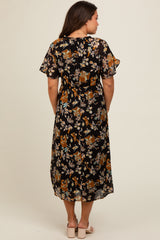 Black Smocked Floral Maternity Midi Dress