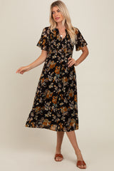 Black Smocked Floral Midi Dress