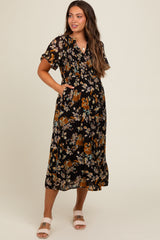 Black Smocked Floral Maternity Midi Dress