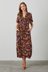 Black Floral Smocked Button Up Midi Dress