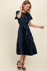 Navy Satin Pleated Sash Tie Midi Dress