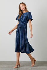 Navy Satin Pleated Sash Tie Midi Dress