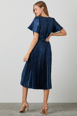 Navy Satin Pleated Sash Tie Midi Dress