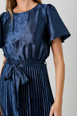 Navy Satin Pleated Sash Tie Midi Dress