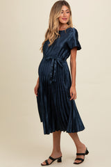 Navy Satin Pleated Sash Tie Maternity Midi Dress