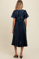 Navy Satin Pleated Sash Tie Maternity Midi Dress