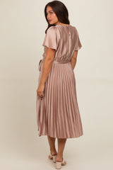 Mocha Satin Pleated Sash Tie Maternity Midi Dress