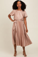 Mocha Satin Pleated Sash Tie Midi Dress