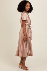 Mocha Satin Pleated Sash Tie Midi Dress