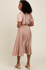 Mocha Satin Pleated Sash Tie Midi Dress