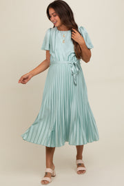 Mint Green Satin Pleated Sash Tie Maternity Midi Dress