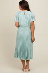 Mint Green Satin Pleated Sash Tie Maternity Midi Dress