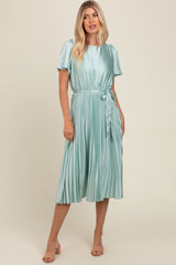 Mint Green Satin Pleated Sash Tie Midi Dress