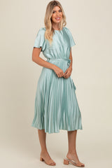 Mint Green Satin Pleated Sash Tie Midi Dress