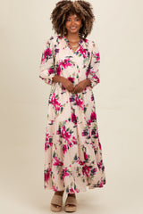 Peach Floral V-Neck Tiered Maternity Midi Dress