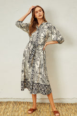 Black Tropical Print Button Down Shirt Dress