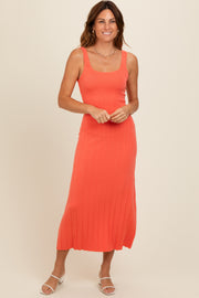 Orange Knit Ribbed Fitted Midi Dress