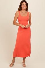 Orange Knit Ribbed Fitted Maternity Midi Dress