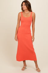 Orange Knit Ribbed Fitted Midi Dress