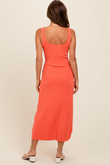 Orange Knit Ribbed Fitted Midi Dress