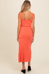 Orange Knit Ribbed Fitted Maternity Midi Dress