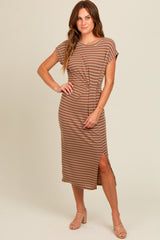 Brown Striped Gathered Waist Maternity Dress