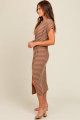 Brown Striped Gathered Waist Dress