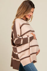 Beige Striped Knit Dolman Sleeve Maternity Top