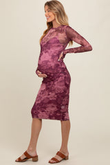 Magenta Floral Mesh Midi Maternity Dress