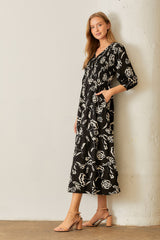 Black Floral Smocked Tiered Maternity Dress