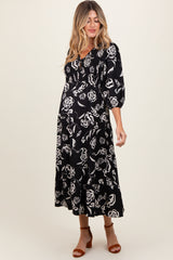 Black Floral Smocked Tiered Maternity Dress