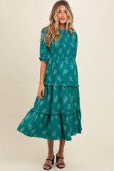 Teal Leaf Print Smocked Maternity Midi Dress