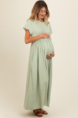 Light Olive Ruffle Trim Maternity Maxi Dress