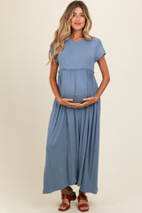 Blue Ruffle Trim Maternity Maxi Dress