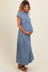 Blue Ruffle Trim Maternity Maxi Dress