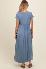 Blue Ruffle Trim Maternity Maxi Dress