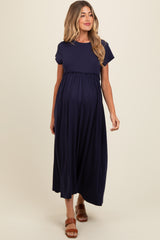 Navy Ruffle Trim Maternity Maxi Dress