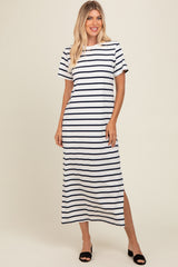 Navy Striped Side Slit Maternity Maxi Dress