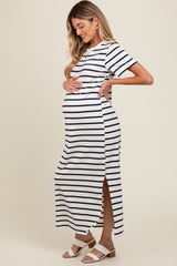 Navy Striped Side Slit Maternity Maxi Dress